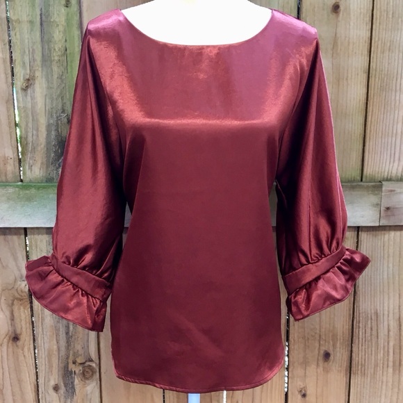 hazel Tops - Hazel 3/4 Sleeve Satin Sienna Blouse EUC